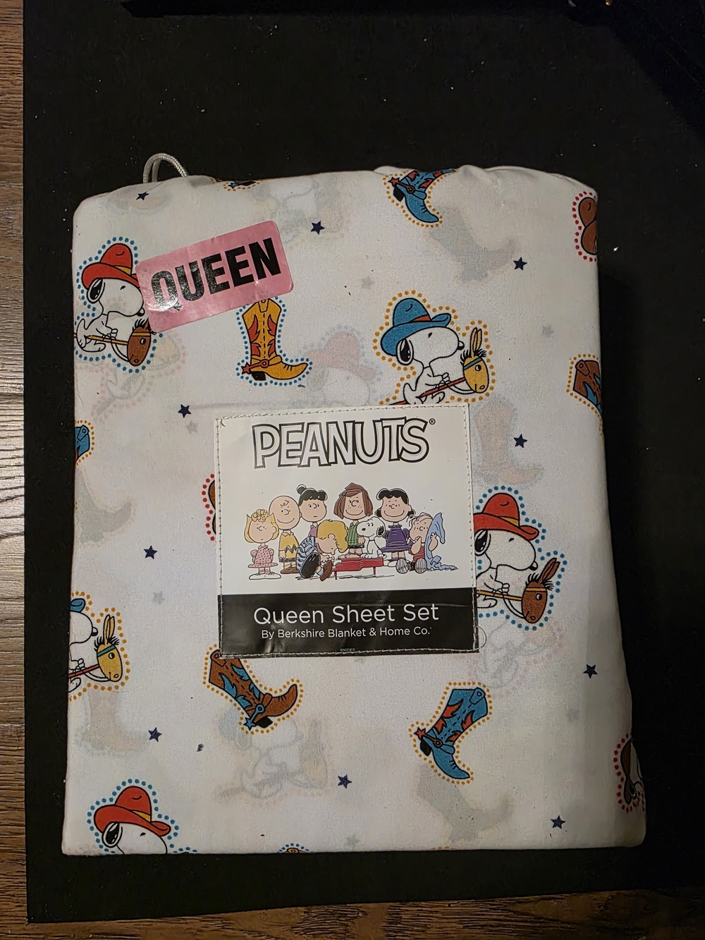 Peanuts Queen Sheet Set – Snoopy Cowboy Print (White/Blue/Tan)